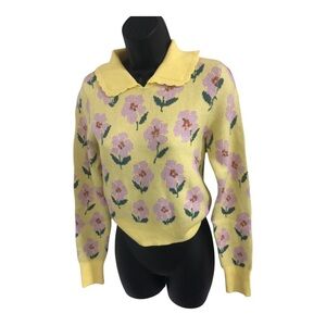 Yellow and pink daisy flower print polo style long sleeve sweater size small new